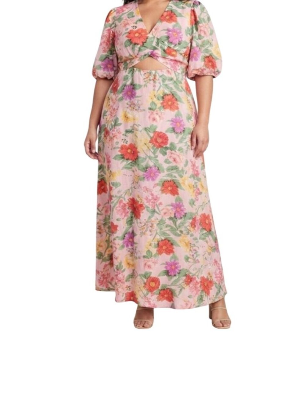 Old Navy Womens Floral Maxi Dress Pink XXL Puff Sleeves Tie Plus Size Keyhole